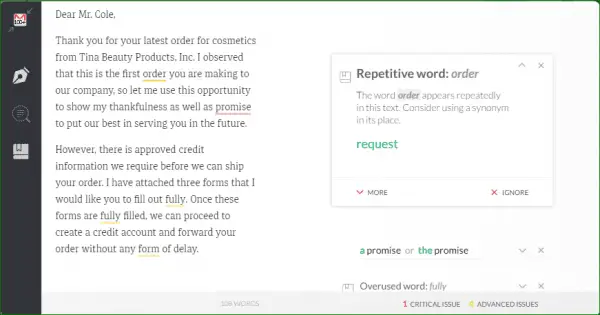 Grammarly detected repetitive words and overused words