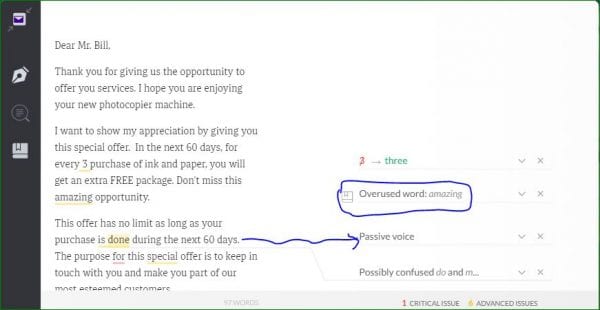Grammarly works fine with Yahoo Mail. Here, Grammarly detected passive voice, confused words and overused word.