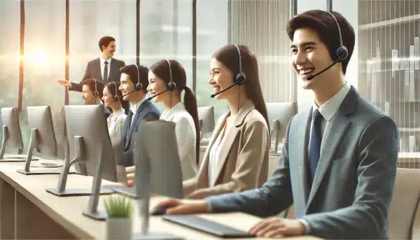 DALL·E 2025 03 14 14.05.00 A professional call center environment with customer service agents engaged in positive interactions. The agents are smiling wearing headsets and us