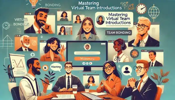 DALL·E 2025 03 27 09.55.33 An eye catching illustration of a diverse virtual team engaged in a lively online meeting. The scene features professionals smiling interacting and